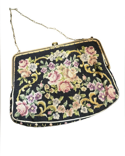 Antique Petite point fancy flowers ornate brass metal purse wristlet