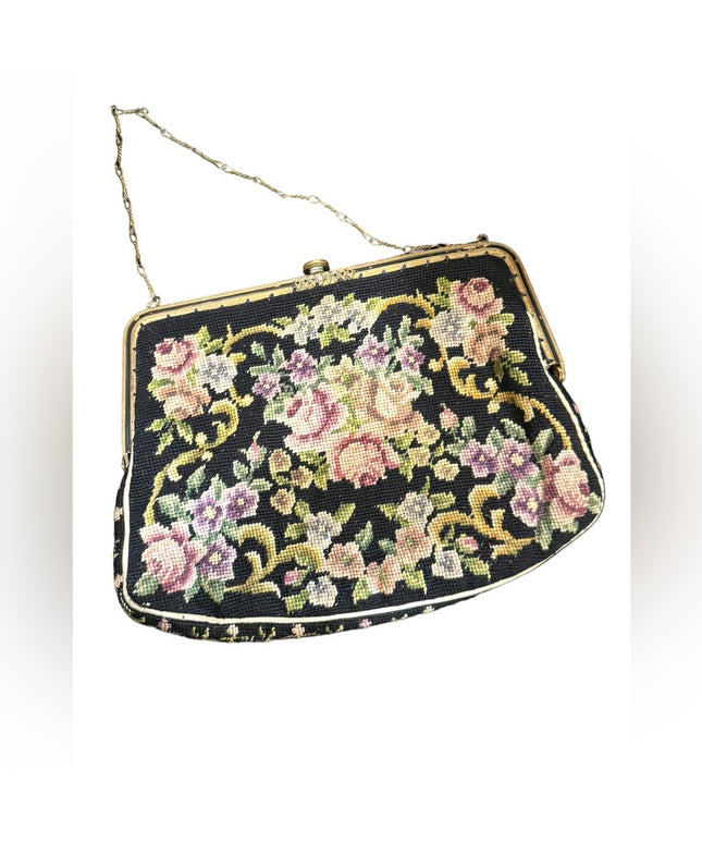 Antique Petite point fancy flowers ornate brass metal purse wristlet