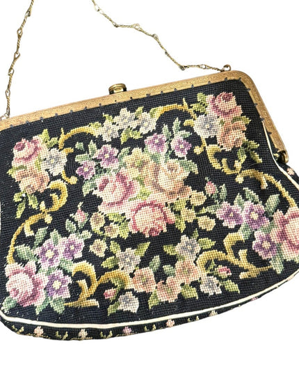 Antique Petite point fancy flowers ornate brass metal purse wristlet