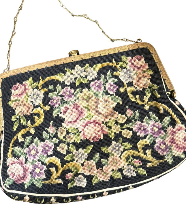 Antique Petite point fancy flowers ornate brass metal purse wristlet