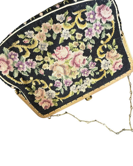 Antique Petite point fancy flowers ornate brass metal purse wristlet