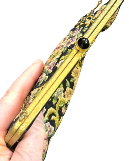 Antique Petite point fancy flowers ornate brass metal purse wristlet