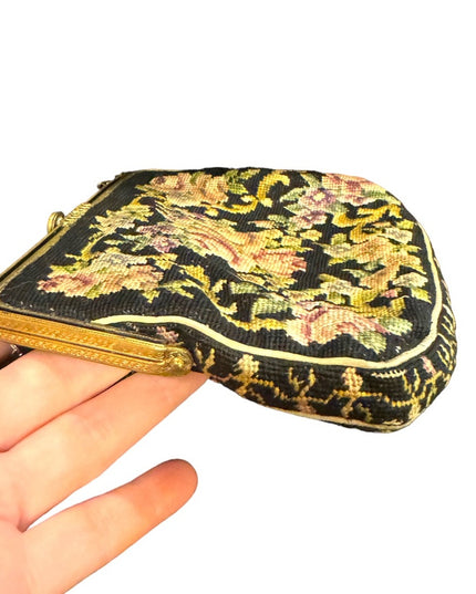 Antique Petite point fancy flowers ornate brass metal purse wristlet