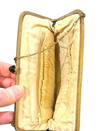 Antique Petite point fancy flowers ornate brass metal purse wristlet