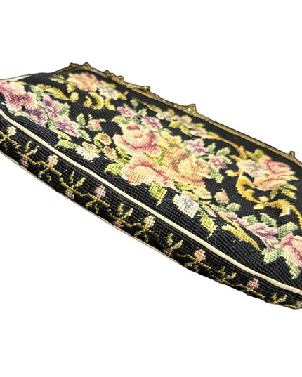 Antique Petite point fancy flowers ornate brass metal purse wristlet
