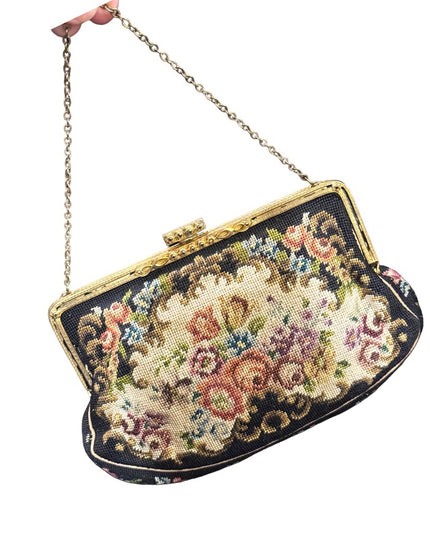Antique Petite point hand made brass hardware fancy wristlet