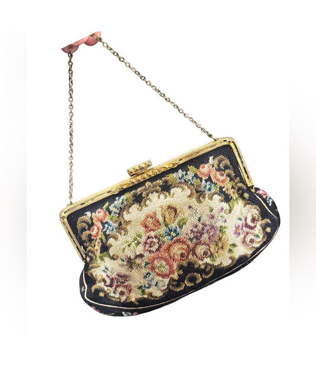 Antique Petite point hand made brass hardware fancy wristlet