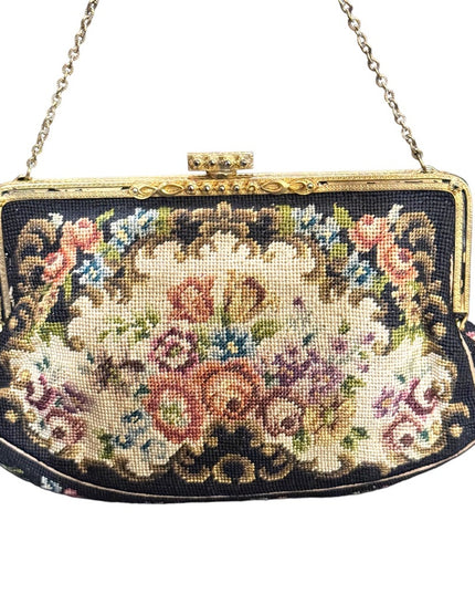 Antique Petite point hand made brass hardware fancy wristlet