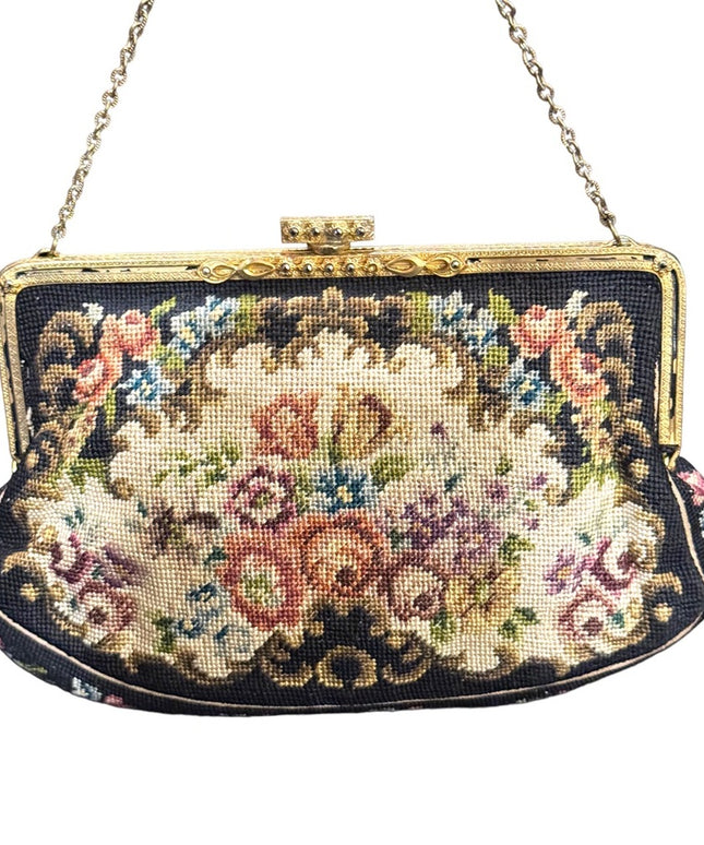 Antique Petite point hand made brass hardware fancy wristlet