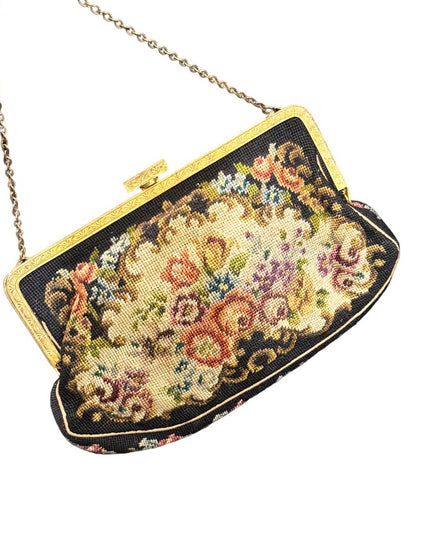 Antique Petite point hand made brass hardware fancy wristlet