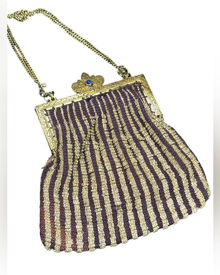 Antique Art deco silver hand made beaded flapper purse purple w glass beads