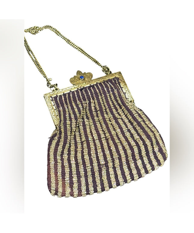 Antique Art deco silver hand made beaded flapper purse purple w glass beads
