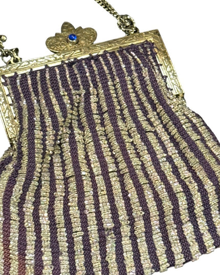 Antique Art deco silver hand made beaded flapper purse purple w glass beads