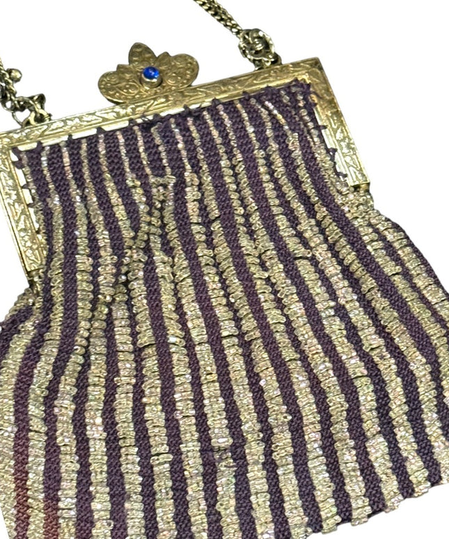 Antique Art deco silver hand made beaded flapper purse purple w glass beads