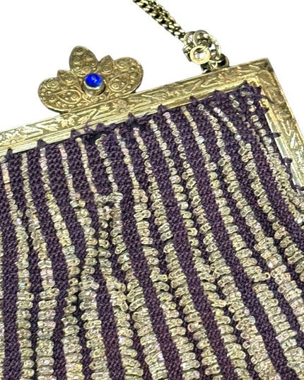 Antique Art deco silver hand made beaded flapper purse purple w glass beads
