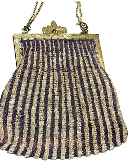 Antique Art deco silver hand made beaded flapper purse purple w glass beads