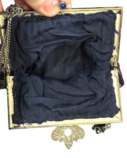 Antique Art deco silver hand made beaded flapper purse purple w glass beads