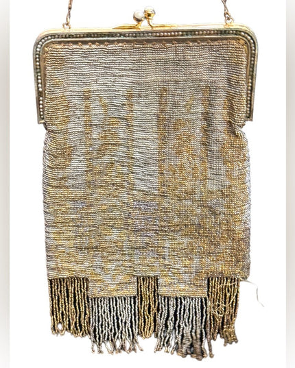 Antique Flapper Micro bead fancy gold harware fringe purse wristlet art deco