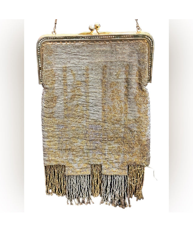 Antique Flapper Micro bead fancy gold harware fringe purse wristlet art deco