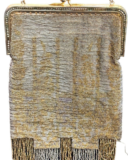Antique Flapper Micro bead fancy gold harware fringe purse wristlet art deco