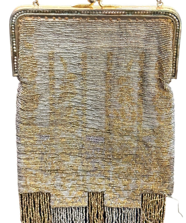 Antique Flapper Micro bead fancy gold harware fringe purse wristlet art deco