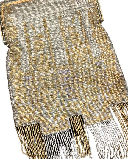 Antique Flapper Micro bead fancy gold harware fringe purse wristlet art deco