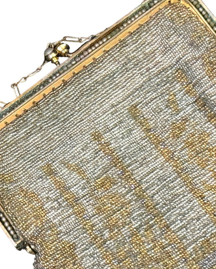 Antique Flapper Micro bead fancy gold harware fringe purse wristlet art deco