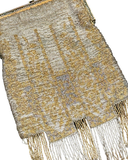 Antique Flapper Micro bead fancy gold harware fringe purse wristlet art deco