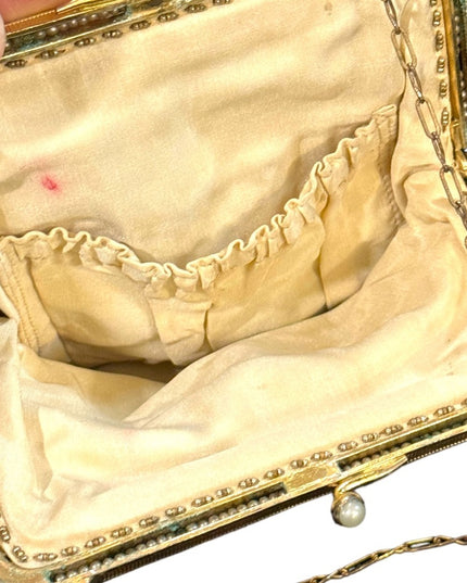 Antique Flapper Micro bead fancy gold harware fringe purse wristlet art deco