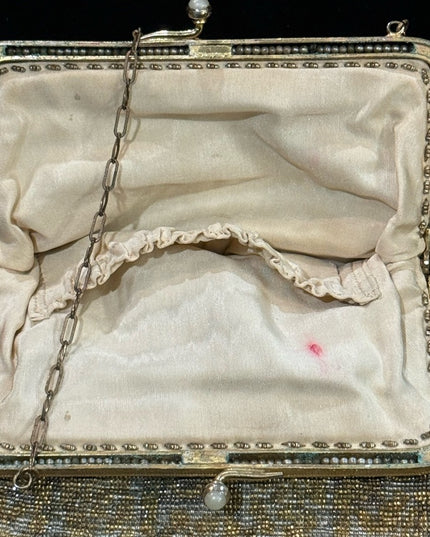 Antique Flapper Micro bead fancy gold harware fringe purse wristlet art deco