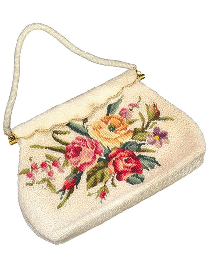 Vintage Mid Century Micro bead petite point handmade fancy purse flowers