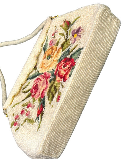 Vintage Mid Century Micro bead petite point handmade fancy purse flowers