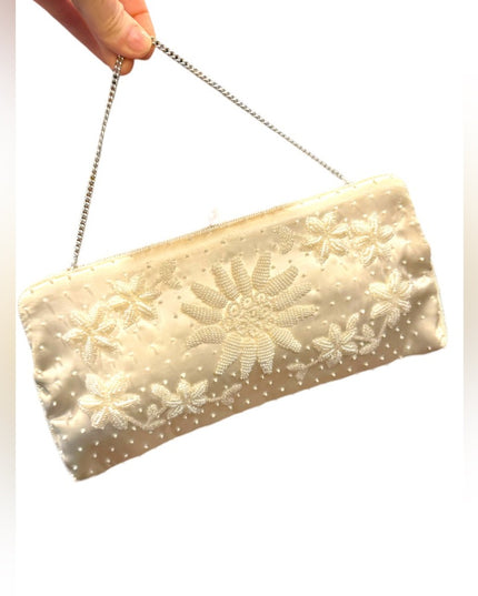 Vintage Mid Century 1950s Micro bead flower satin event wedding purse clutch