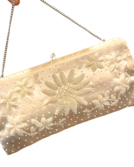 Vintage Mid Century 1950s Micro bead flower satin event wedding purse clutch