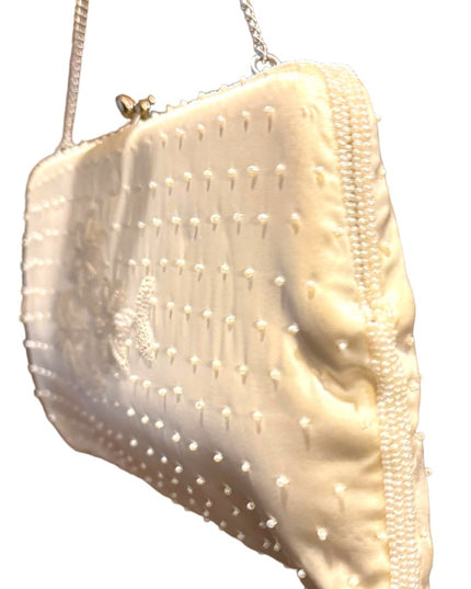Vintage Mid Century 1950s Micro bead flower satin event wedding purse clutch
