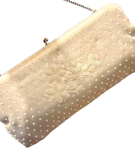 Vintage Mid Century 1950s Micro bead flower satin event wedding purse clutch