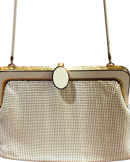 Vintage Mid Century 1950s White enamel GLOMESH Metal mesh purse w/box event