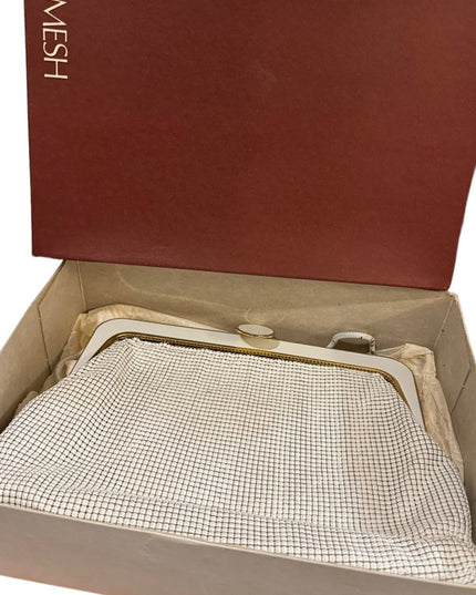 Vintage Mid Century 1950s White enamel GLOMESH Metal mesh purse w/box event