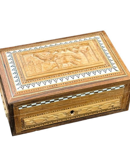 Vintage handmade pearl inlay box carved wood elephant design locking lined