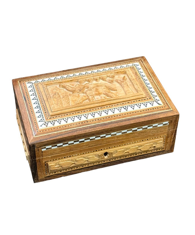 Vintage handmade pearl inlay box carved wood elephant design locking lined