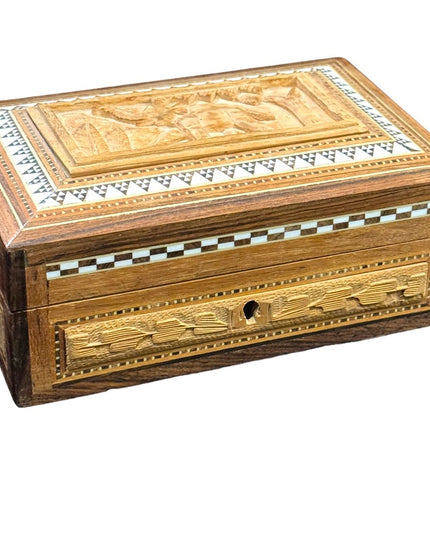 Vintage handmade pearl inlay box carved wood elephant design locking lined