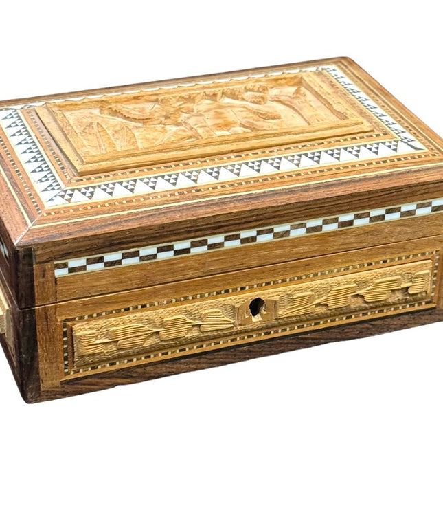 Vintage handmade pearl inlay box carved wood elephant design locking lined