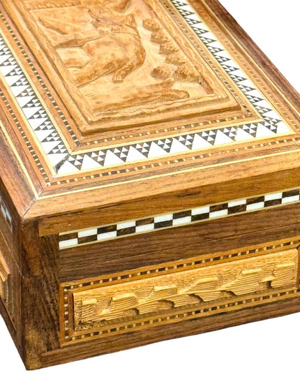 Vintage handmade pearl inlay box carved wood elephant design locking lined