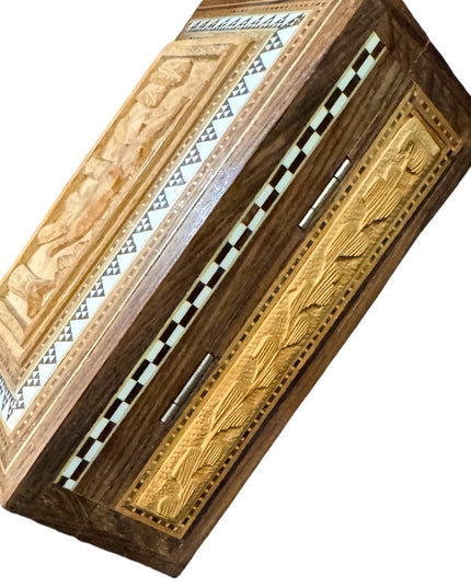 Vintage handmade pearl inlay box carved wood elephant design locking lined