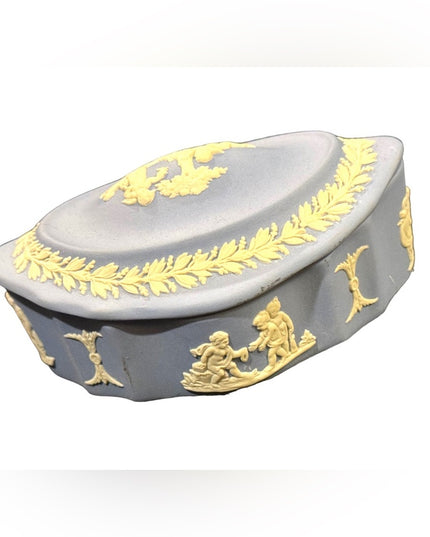 Vintage blue Jasperware Wedgewood fancy trinket box ceramic