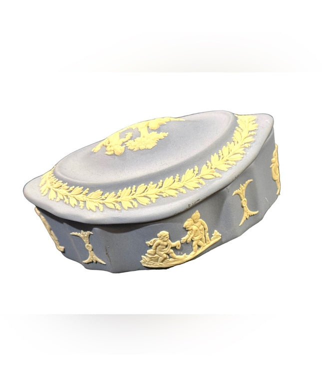 Vintage blue Jasperware Wedgewood fancy trinket box ceramic