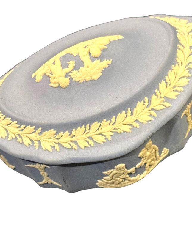 Vintage blue Jasperware Wedgewood fancy trinket box ceramic