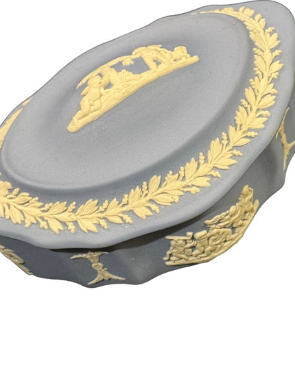 Vintage blue Jasperware Wedgewood fancy trinket box ceramic