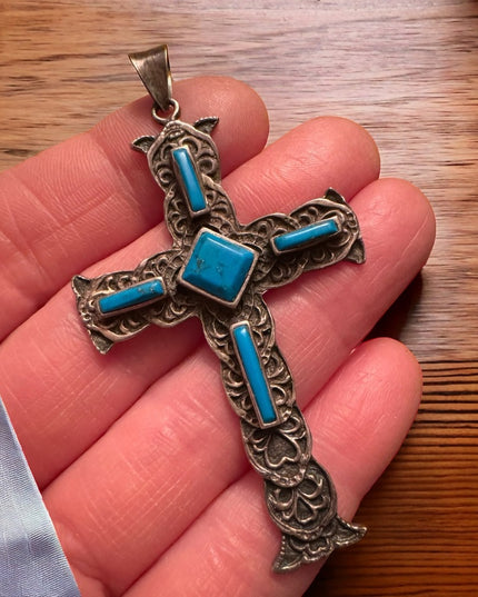 Antiqued vintage Sterling silver turquoise Gothic cross 925 pendant