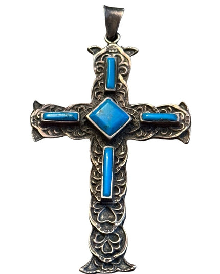 Antiqued vintage Sterling silver turquoise Gothic cross 925 pendant